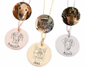 Custom Pet Outline Drawing Necklace - Dog Cat Pet Portrait From Photo Picture Jewelry - Pet Loss Memorial Jewelry Keepsake Engraved - N1319