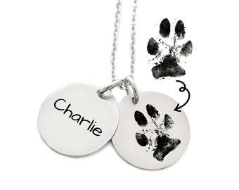 Actual Pet Paw Print Necklace Personalized with Name - Engraved Paw Print Pet Loss Memorial Keepsake Jewelry - Custom Paw Print - N1162