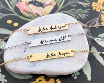 Personalized LDS Sister Missionary Necklace - Missionary Gift for Her - Mormon Missionary Mom Present - Engraved Custom Bar Necklace - N