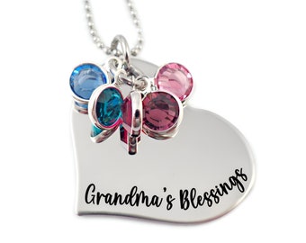 Personalized Grandma's Blessings Birthstone Necklace - Engraved Silver Stainless Steel Custom Grandma Heart Necklace - N1312