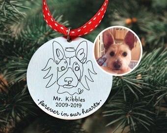 Custom Pet Loss Memorial Keepsake Ornament - Dog Cat Pet Outline Portrait from Photo Ornament - Forever in our Hearts Dog Cat Ornament N1318