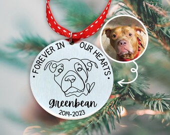 Custom Pet Loss Memorial Keepsake Ornament - Dog Cat Pet Outline Portrait from Photo Ornament - Forever in our Hearts Pet Loss Gift - N1325