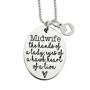 Midwife Necklace Engraved Stainless Steel Midwife Gift Thank You Midwife, The Hands of a Lady, Eyes of a Hawk, Heart of a Lion 1218 image 1