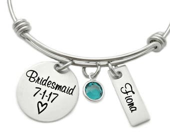 Personalized Bridesmaid Gift - Engraved Bracelet - Bridesmaid Bangle - Wedding - Wire Bangle - Wedding Keepsake - Custom Bridesmaid - 1192