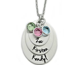 Personalized Layered Oval Necklace - Engraved  Steel - Stacked Necklace - Mommy Necklace - Kids Names Birthstones - Gift for Mom - 1216