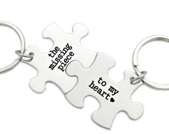 Puzzle Piece Key Chain - The Missing Piece To My Heart Set of 2 - Couple Key Chains - Personalized Anniversary Gift - Boyfriend Gift -1012