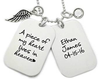Personalized Men's Memorial Necklace - A Piece of My Heart Lives In Heaven - Memorial Remembrance - Infant Loss for Him - Bereavement - 1114
