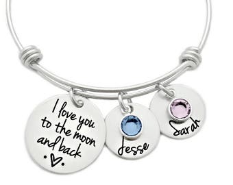 Personalized I Love You To The Moon And Back Bracelet - Engraved Jewelry - Kids Names Bracelet - Moon & Back Bangle - Mother Jewelry - 1015