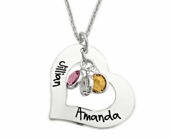 Personalized Heart Washer Name Necklace - Engraved Jewelry - Mother Necklace Birthstones - Personalized Necklace - Gift  Mom - Twins - 1202