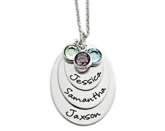 Personalized Layered Oval Necklace - Engraved - Stacked Necklace - Mommy Necklace - Kids Names Birthstones - Personalized Jewelry - 1371