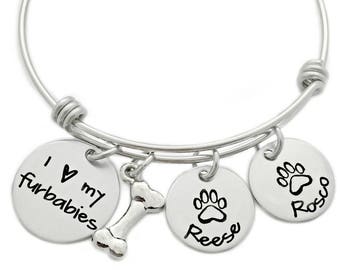 Personalized I Love My Furbabies Bracelet - Dog Paw Print Bracelet - Engraved Jewelry - Dog Jewelry For People - Fur Baby Jewelry - 1013