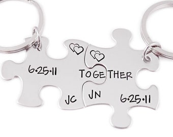 Personalized Together Keychain Date Puzzle Piece Set of 2 - Engraved Key Chain - Couple Gift Set - Anniversary Gift - Best Friends - 1077