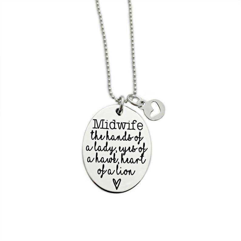 Midwife Necklace Engraved Stainless Steel Midwife Gift Thank You Midwife, The Hands of a Lady, Eyes of a Hawk, Heart of a Lion 1218 image 1