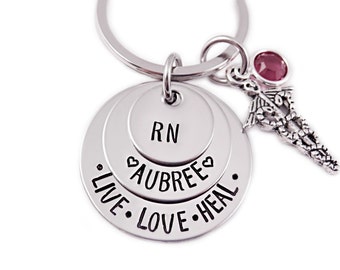 Personalized RN Nurse Key Chain - Nurse Gift - Nursing Graduation - Engraved Stainless Steel - RN - Live Love Heal - Layered - Nurse- 1235