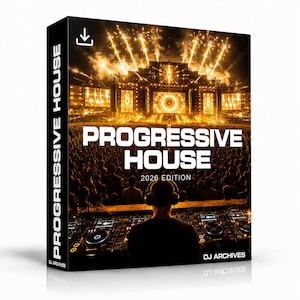 Pode incluir: Uma caixa de produto retangular para Progressive House 2026 Edition da DJ Archives. A frente mostra um DJ em uma mesa de som diante de uma grande multidão em um show com luzes de palco brilhantes e fogos de artifício. O texto é visível.