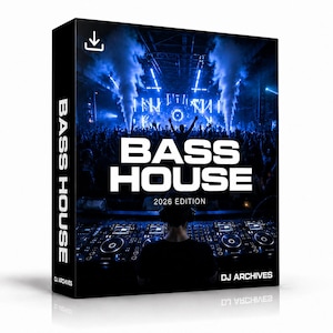 May include: A rectangular digital product box featuring a blue-toned concert scene with a DJ at a mixing console. The text reads BASS HOUSE 2026 EDITION and DJ ARCHIVES. A download icon is visible in the top left corner of the black packaging.