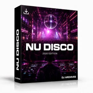 May include: A rectangular product box featuring a digital graphic of a DJ at a mixing console in a nightclub with a disco ball. The text reads NU DISCO, 2026 EDITION, and DJ ARCHIVES. The color palette is dominated by deep purple and pink lighting.