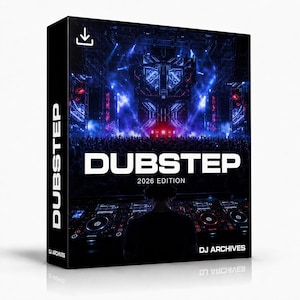May include: A rectangular digital product box featuring a concert scene with blue stage lights and a DJ at a mixing console. The text reads DUBSTEP 2026 EDITION and DJ ARCHIVES. A download icon is visible in the top left corner of the black packaging.