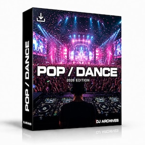 Puede incluir: Una caja de producto rectangular que presenta una colección de música digital titulada POP / DANCE 2026 EDITION. La portada muestra a un DJ en una consola de mezclas frente a un gran escenario de concierto iluminado con luces rosas y azules.