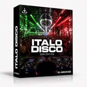 Könnte beinhalten: Eine rechteckige Box mit dem Titel ITALO DISCO 2026 EDITION von DJ ARCHIVES. Das Cover zeigt einen DJ an einem Mischpult vor einer vollen Tanzfläche mit einer großen Discokugel, grünen und roten Laserlichtern und einem Neon-Palmenschild im Hintergrund.