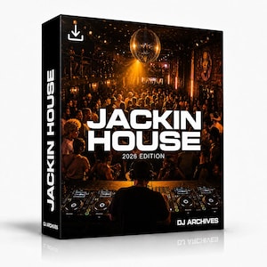 Pode incluir: Uma caixa de produto retangular apresentando uma coleção de música digital intitulada JACKIN HOUSE 2026 EDITION. A capa exibe um DJ em um console de mixagem de frente para uma boate lotada com uma bola de discoteca.
