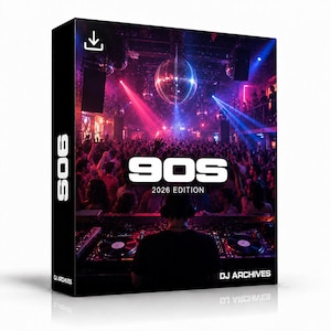 Può includere: Una scatola di prodotto rettangolare per 90s 2026 Edition DJ Archives. Il fronte mostra una scena da discoteca con un DJ alla console, una grande palla stroboscopica e luci da palcoscenico rosse e blu. Il testo 90s 2026 Edition è stampato in bianco.