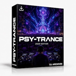 Könnte beinhalten: Eine rechteckige Software-Box mit dem Titel PSY-TRANCE 2026 EDITION von DJ ARCHIVES. Das Cover zeigt einen DJ an einem Mischpult vor einer Menschenmenge bei einem Konzert mit violetten und blauen Laserstrahlen und einem geometrischen Mandala.
