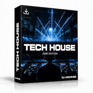 May include: A rectangular product box featuring a blue-toned concert scene with a DJ at a mixing console. The text reads TECH HOUSE 2026 EDITION and DJ ARCHIVES. A download icon is visible in the top left corner of the box design.