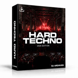 May include: A rectangular product box featuring a dark scene of a DJ at a mixing console in a red-lit industrial venue. The text reads HARD TECHNO 2026 EDITION and DJ ARCHIVES. A download icon is visible in the top left corner of the box cover.