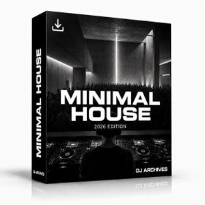 May include: A black and white product box featuring the text MINIMAL HOUSE 2026 EDITION. The design displays a DJ at a mixing console facing a crowd in a large concrete hall. The side panel reads MINIMAL HOUSE and the bottom corner says DJ ARCHIVES.