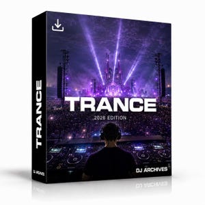Könnte beinhalten: Eine rechteckige digitale Produktbox mit einem DJ an einem Mischpult vor einer Menschenmenge bei einem Konzert mit violetten Bühnenlichtern. Der Text lautet TRANCE 2026 EDITION und DJ ARCHIVES. Ein Download-Symbol ist oben links zu sehen.