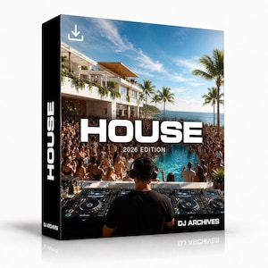 Può includere: Una scatola rettangolare che mostra un DJ alla console di mixaggio che si affaccia su una festa in piscina in un resort. Il testo HOUSE 2026 EDITION è centrato, con DJ ARCHIVES stampato sul fondo e sul lato della confezione dai bordi neri.