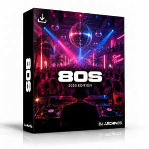 Peut inclure: Une boîte de produit rectangulaire montrant un DJ à une console de mixage dans une discothèque avec une boule à facettes, un éclairage rose et bleu et une foule. Le texte indique 80S 2026 EDITION et DJ ARCHIVES. Le côté affiche 80S verticalement.