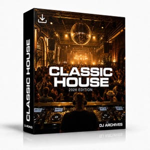 Puede incluir: Una caja de producto rectangular que muestra a un DJ en una consola de mezclas frente a una pista de baile llena bajo una bola de discoteca. El texto dice CLASSIC HOUSE 2026 EDITION y DJ ARCHIVES. Incluye un icono de descarga en la esquina.