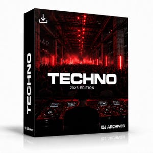 May include: A rectangular product box featuring a dark, red-lit concert scene with a DJ at a mixing console. The text TECHNO 2026 EDITION is printed in white on the front, with DJ ARCHIVES at the bottom and a download icon in the top corner.