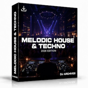 May include: A rectangular product box featuring a dark nightclub scene with a DJ at a mixing console. The text reads Melodic House & Techno 2026 Edition and DJ Archives. The design includes a download icon and a side panel with the same text.