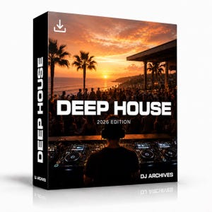 May include: A rectangular product box featuring a sunset beach party scene with palm trees and a DJ at a mixing console. The text reads DEEP HOUSE 2026 EDITION and DJ ARCHIVES. A download icon is visible in the top left corner of the box cover.