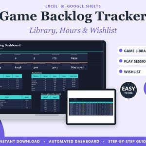 Video Game Backlog Tracker Spreadsheet: Library, Cost per Hour, Wishlist (Excel, Google Sheets)
