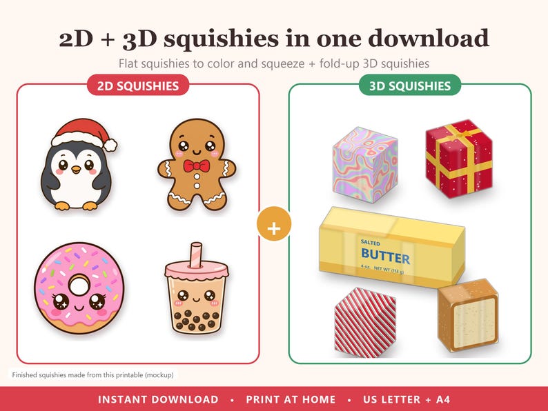 Paper Squishy Template Bundle, 2D and 3D Squishies: Christmas and Food ...