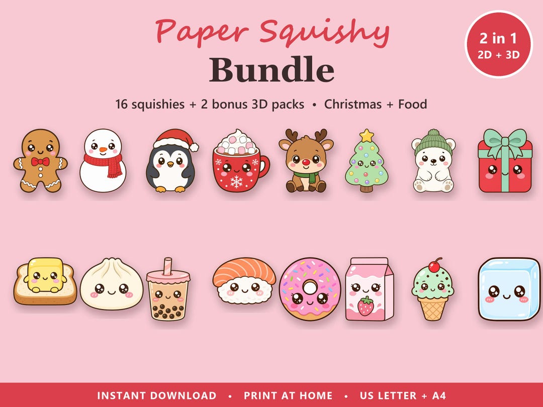 Paper Squishy Template Bundle, 2D and 3D Squishies: Christmas and Food ...