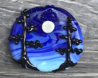 Blue Moon with Sparkly Dichroic Stars, Handmade Lampwork Glass Focal Tree Bead, Blue Moon Tree Bead