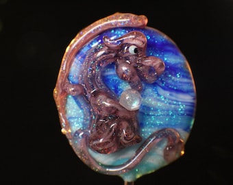 Beautiful Sparkly Dragon Holding a Crystal Ball with a Swirly Sparkly Abstract Night Sky, Large Moretti, Dichroic Glass Lampwork Dragon Bead