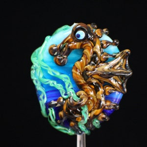 Seahorse in the Seaweed, Medium Handmade Lampwork Moretti Glass Focal Bead, Blue, Green, Raku