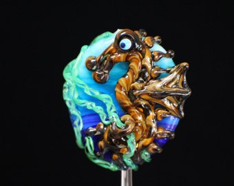 Seahorse in the Seaweed, Medium Handmade Lampwork Moretti Glass Focal Bead, Blue, Green, Raku