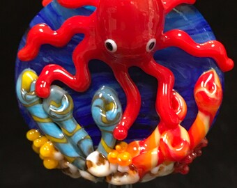 Octopus Handmade Lampwork Glass Focal Beads, Octopus and Coral Handmade Bead, Colorful Glass Focal Beads, Coral Reef Beads