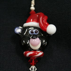 Santa Black Bear Handmade Lampwork Moretti Glass Pendant, Holiday / Christmas Jewelry, Silver Findings, Red, Green, Pink and Black