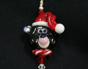 Santa Black Bear Handmade Lampwork Moretti Glass Pendant, Holiday / Christmas Jewelry, Silver Findings, Red, Green, Pink and Black