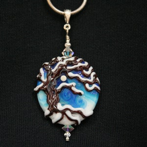 Oak Tree on a Snowy Winter Night, Large Sized Handmade Lampwork Moretti Glass Pendant, Blue ,White, Brown
