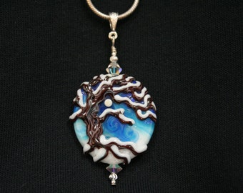 Oak Tree on a Snowy Winter Night, Large Sized Handmade Lampwork Moretti Glass Pendant, Blue ,White, Brown
