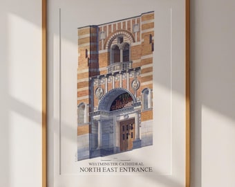 Watercolour print of Westminster Cathedral , London: architectural gouache painting